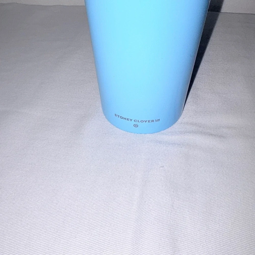 Stoney Clover Lane Blue Smiley Face Travel Tumbler Cup Pink Straw Lid